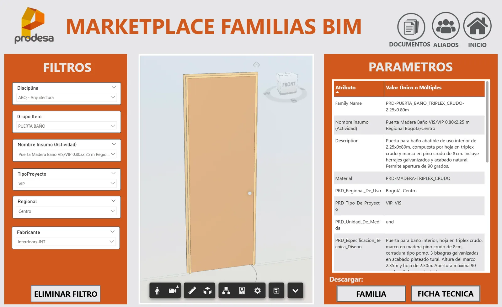 BIM families screen with filters, 3D preview, and technical parameters