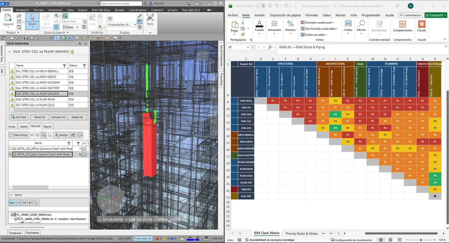 Navisworks coordination view with highlighted clashes